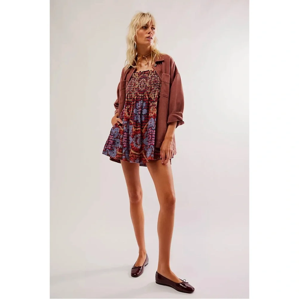Free People Dress Floral Clara Corduroy Red Blue Medium M Boho - Picture 3 of 8